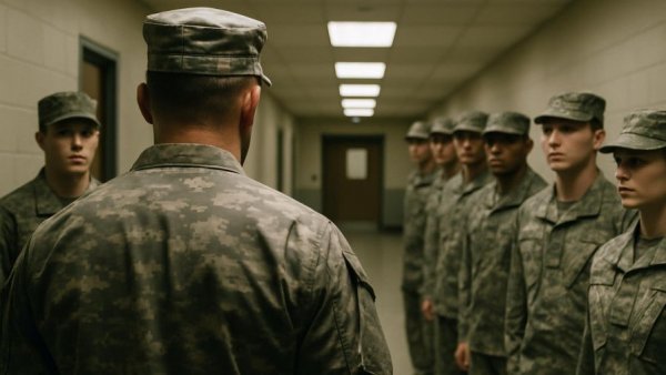 Military officer and recruits discussing rules, prohibited relationships in military highlighted