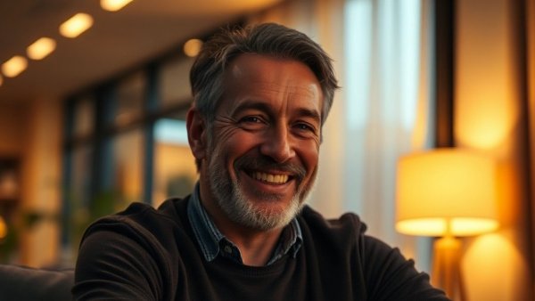 Middle-aged man in warm room lighting, reflecting veterans authenticity.