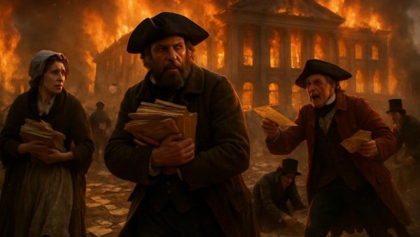 Marines save Declaration of Independence in historical scene with fire and chaos.