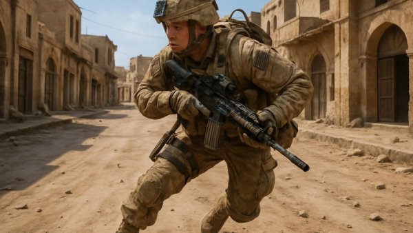 Soldier maneuvers through urban setting, related to PTSD in veterans.