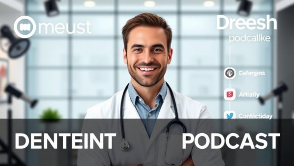 Success in dentistry podcast featuring a smiling male dentist on a promotional poster.