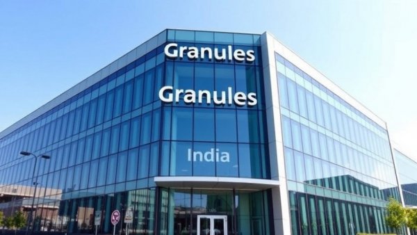 Granules India modern glass building reflecting sky, showcasing strong FY26 performance.