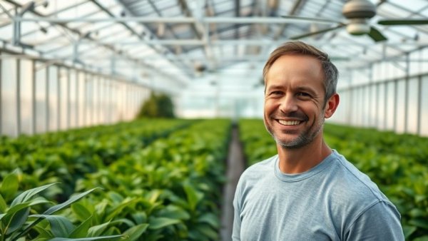 Smiling man in greenhouse with plants, showcasing device technology.