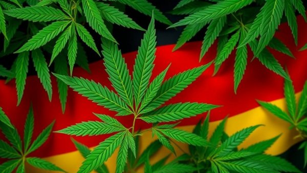 German flag over cannabis leaves, symbolizing Fette Pharma restructuring.