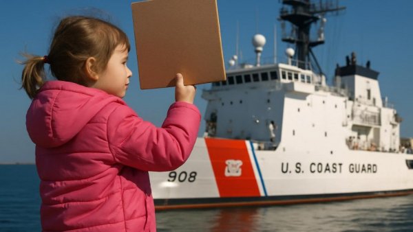 Child in pink parka facing Coast Guard ship, symbolizing funding crisis.