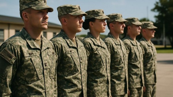 Military personnel standing in line at attention during a ceremony on base.