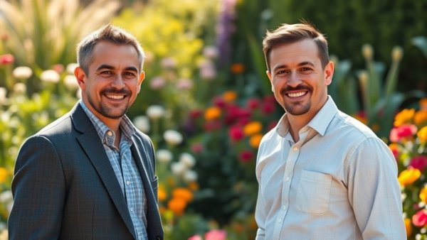 Two men at the GC International Dental Symposium garden event.