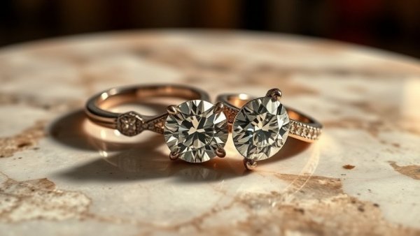Elegant handcrafted diamond rings on marble, choosing jewelry.
