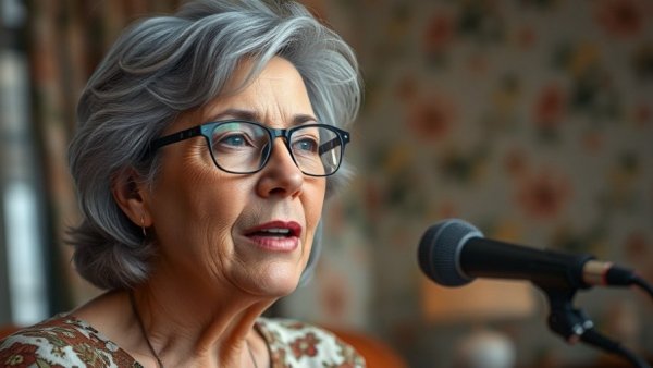 Mature woman discussing Cannabis Industry Compliance, indoor setting.