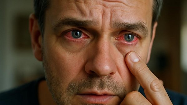 Close-up of man with blepharitis symptoms, red eyes.