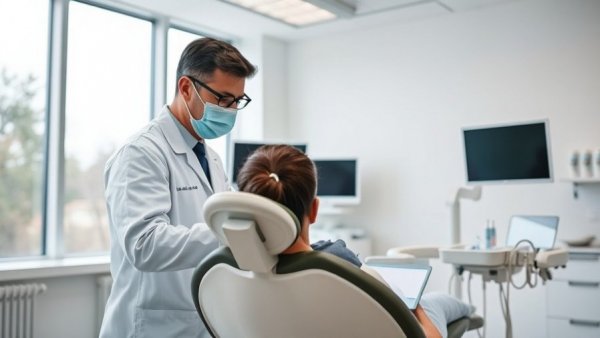 Dentist updates guidelines during patient exam in modern clinic