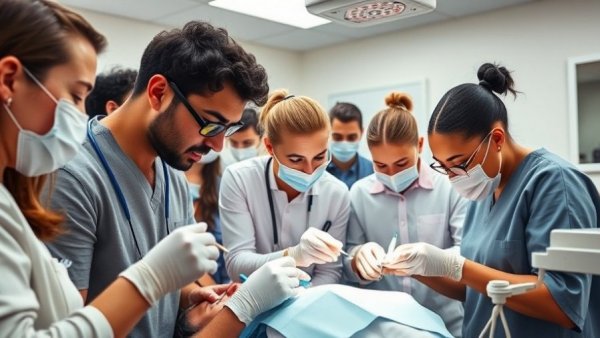 Dental professionals practicing root canal procedures, education session.