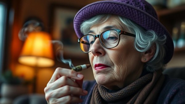 Older woman smoking cannabis, highlighting the healing power of cannabis.