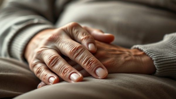 Older hands resting on lap with detailed texture, natural setting.