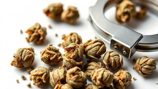 Marijuana buds and handcuffs suggesting a legal context.