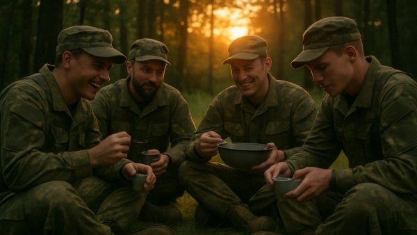 Soldiers eating meal outdoors discussing alternative protein options