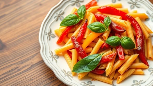 Colorful rigatoni pasta with roasted bell peppers and basil