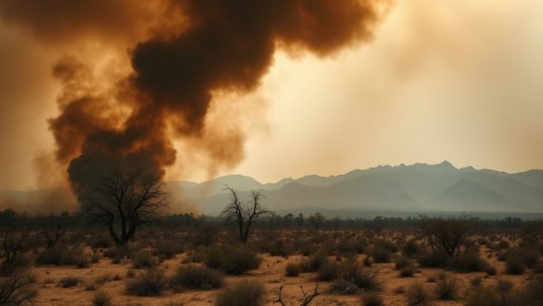 Hazen Fire Buckeye Arizona: Smoke over dry landscape with charred trees and mountains.