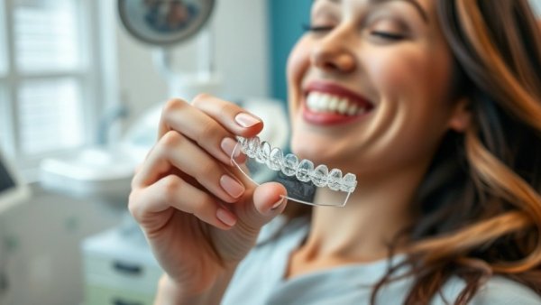 Woman examining clear orthodontic appliance in a dental clinic.