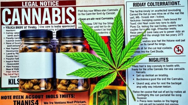 Cannabis industry regulations graphic with bold text and leaf illustrations.