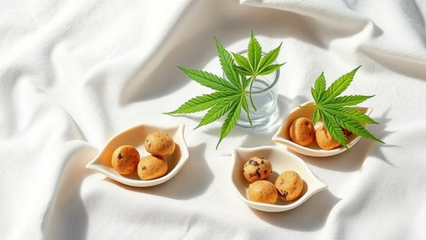 CBD and THC energy bites with cannabis leaf on white fabric.
