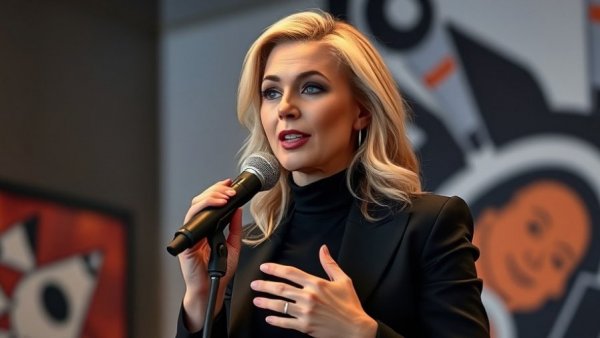 Blonde woman discusses cannabis banking indoors with vibrant background.