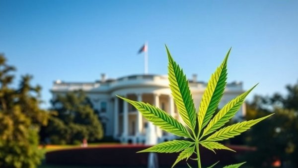 White House with cannabis leaf highlighting marijuana marketing theme.