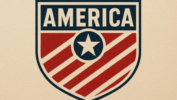 Patriotic emblem with bold text representing veteran policies.