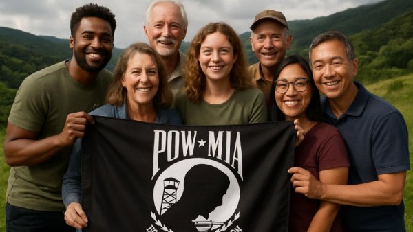Group with POW-MIA flag amidst lush green hills, cloudy sky.