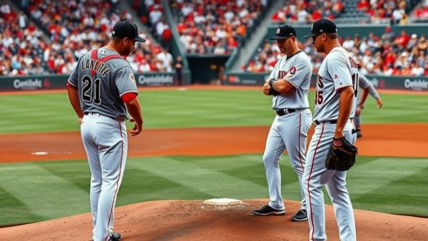 Diamondbacks pitching struggles, players on mound discussing strategy.
