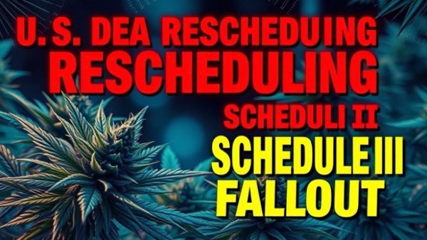 Cannabis industry rescheduling graphic with bold text and imagery.