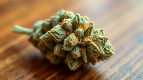 Close-up of cannabis bud with detailed texture on wooden surface.