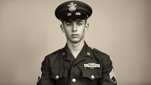 Vintage photo of young Marine in uniform, sepia tone.