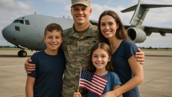 Military family exhibiting patriotism in front of aircraft.