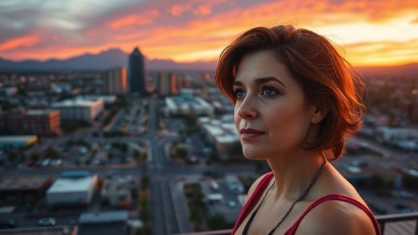 Modern Chandler, AZ in 2026 with thoughtful woman, urban-suburban split.