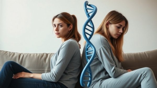 Hidden social health risk concept depicted with upset women and DNA helix.