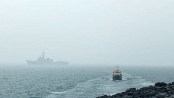 Foggy sea with naval and cargo ships represents Iran US proposal deal.