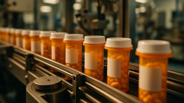 Prescription bottles on conveyor belt representing lower drug costs for military families.