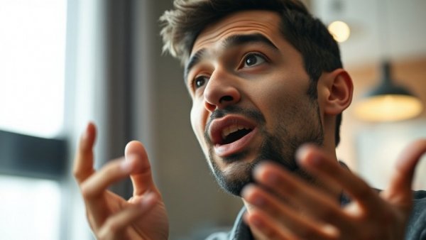 Vivid expression of speaker explaining concepts, enhancing patient trust in dental practices.