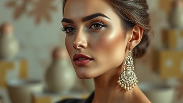 Elegant woman with earrings, wearing red nail polish.