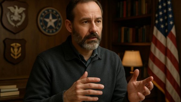 Middle-aged man discussing VA joint exam preparation in a study.