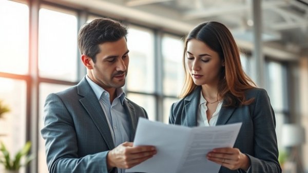 Two business professionals reviewing documents in an office setting for a guide to small business loans.