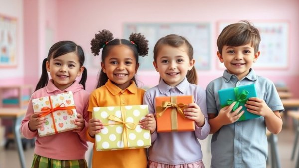 Children celebrating charity event with gifts in classroom