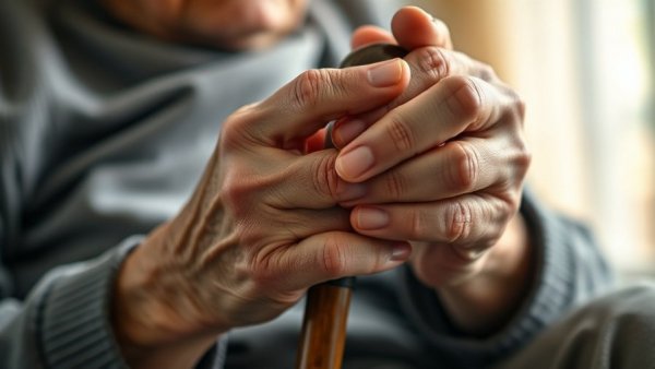 Elderly hands grasp a wooden cane, illustrating successful aging strategies.