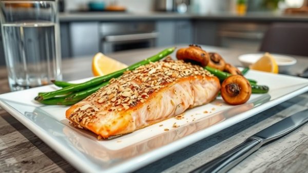 Sheet pan almond-crusted salmon with green beans and mushrooms.