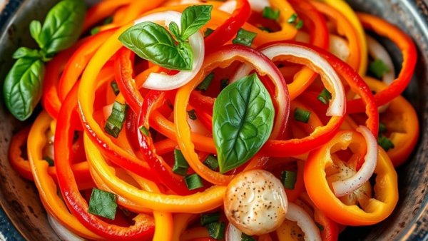 Colorful bell pepper salad with basil and onion.