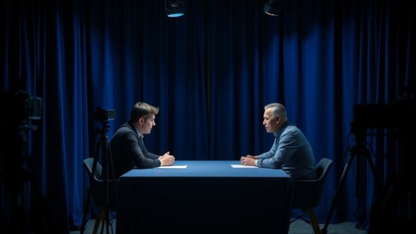Interview setup discussing Murdaugh legal battle updates, dim blue lighting.