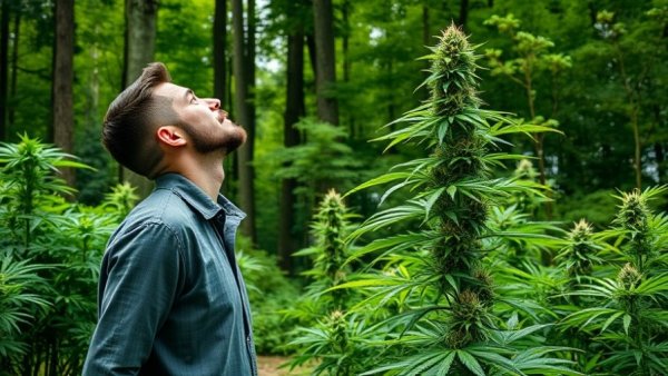 Outdoor wick system for cannabis growing, man observing plant.