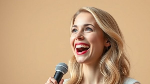 Blonde woman speaking joyfully into a microphone against a plain background.