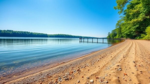 Lake Wateree shore scene with sandy beach and dock.